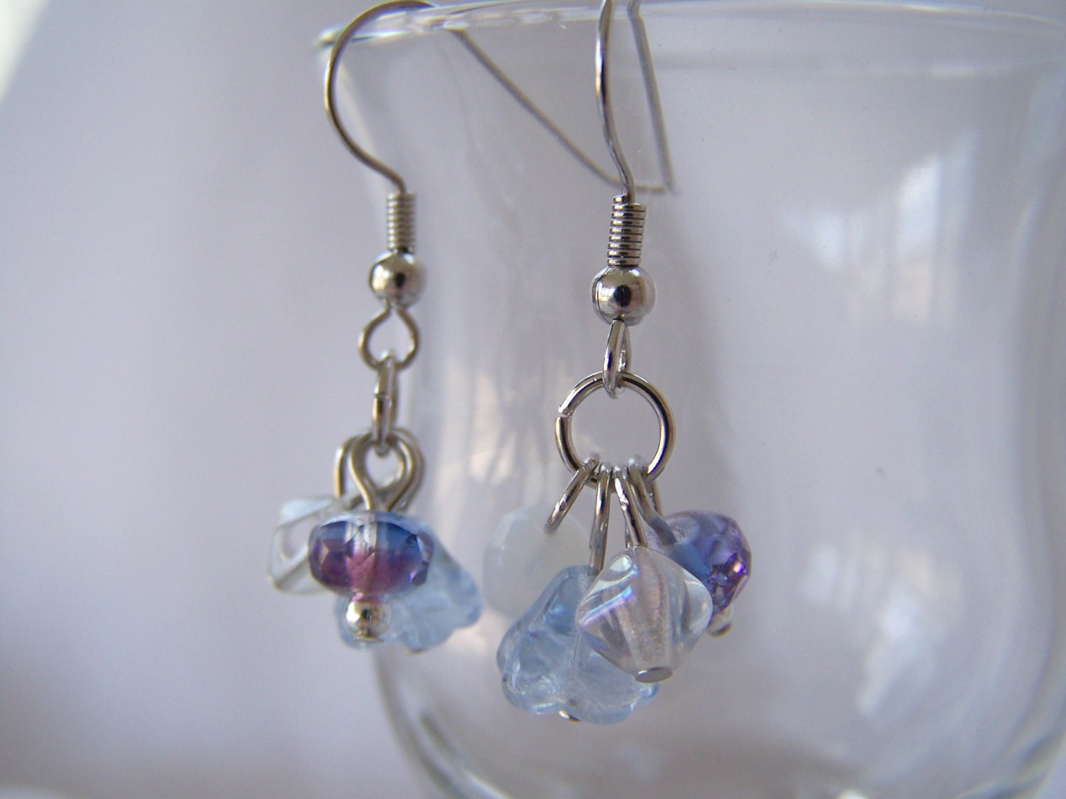 Blue, White, and Clear Beaded Cluster Dangle Earrings - Handmade Jewelry - Small Earrings - OOAK - Ready to Ship