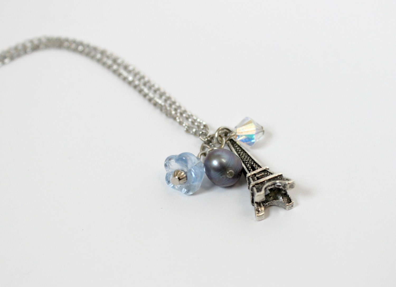 Clear Swarovski and Gray Freshwater Pearl Pendant with Eiffel Tower Charm - Paris Inspired Jewelry - Handmade Jewelry - Ready to Ship
