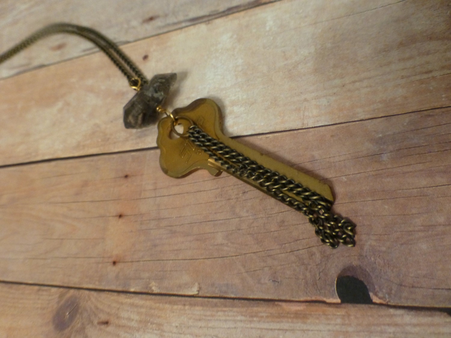 Vintage Gold Key & Quartz Necklace - Long Gold Tassel Necklace