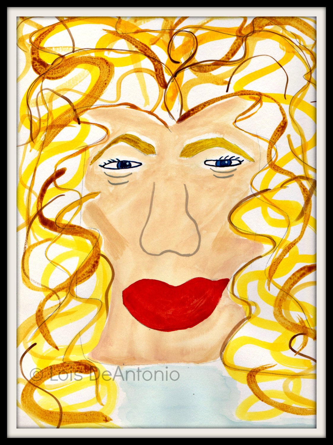 Robert Plant portrait painting art, music rock band Led Zeppelin art painting, portrait curly hair blonde girl woman blue eyes big red lips