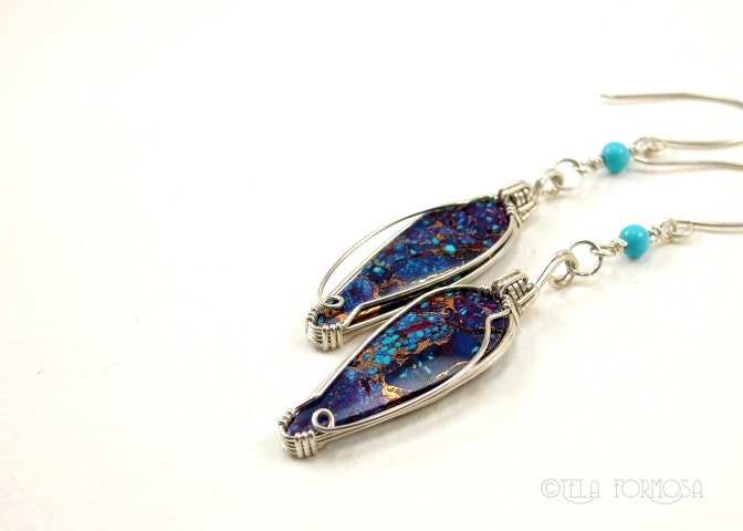 Purple and Blue Mohave Turquoise Earrings Mojave Turquoise Argentium Sterling Silver Wire Wrapped Wire Wrap Purple Earrings Long Dangly