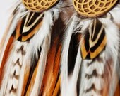 Glowing Gold White and Black Feather Earrings with Torus Symbol Component- Lasercut Wood Lightweight Renewable Materials Sacred Geometry