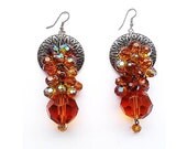 Orange Crystal and Pewter Pendant Drop Earrings - Upcycle Jewellery