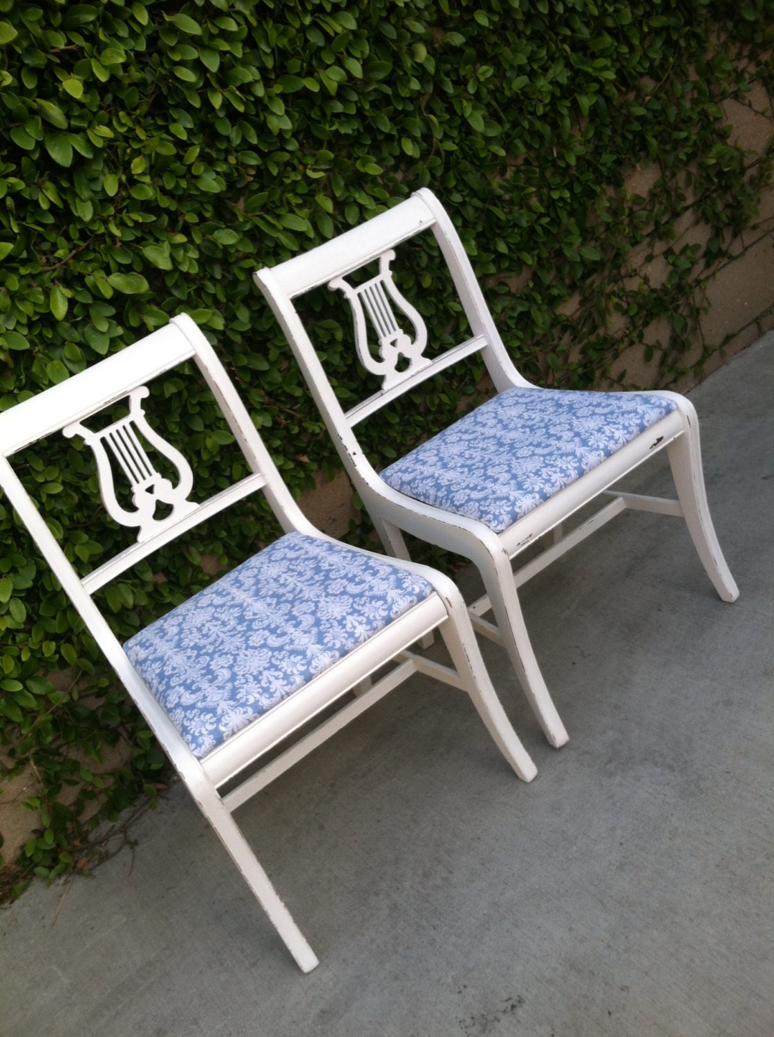 Vintage Side Chairs, Shabby Chic Chairs, Damask Print Fabric, Distressed Wood, Painted White, Painted Furniture, Los angeles