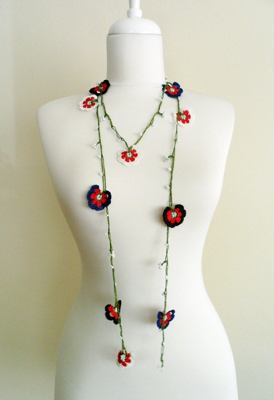 Crochet and Beads Necklace, Multicolor Flowers Oya, Lariat Scarf, Summer - Spring - Fall - Winter Fashion