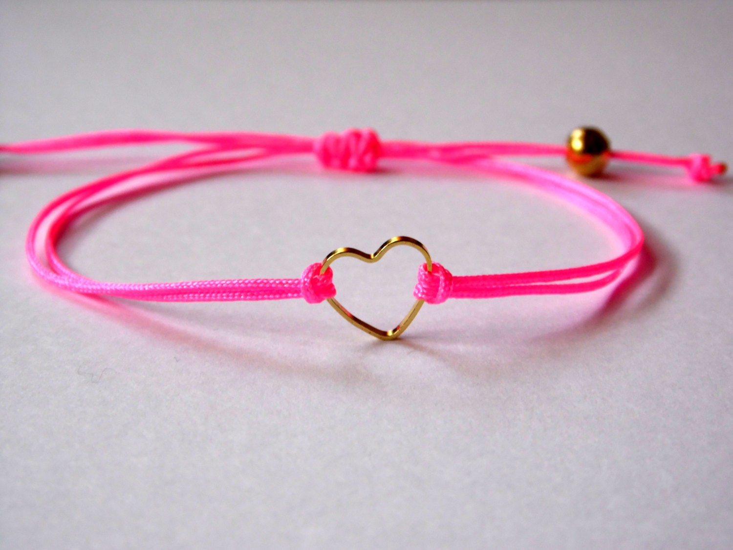FRIENDSHIP BRACELET -   Valentine's day - Hot Pink Neon Shamballa Nylon Cord - Gold tone metal heart - Adjustable closing