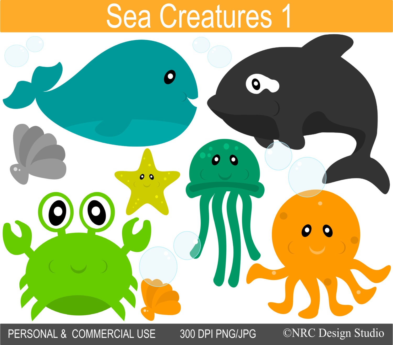 Sea Creatures 1 Clip Art Graphics - Digital Clipart Commercial Use - Instant Download Il_570xn