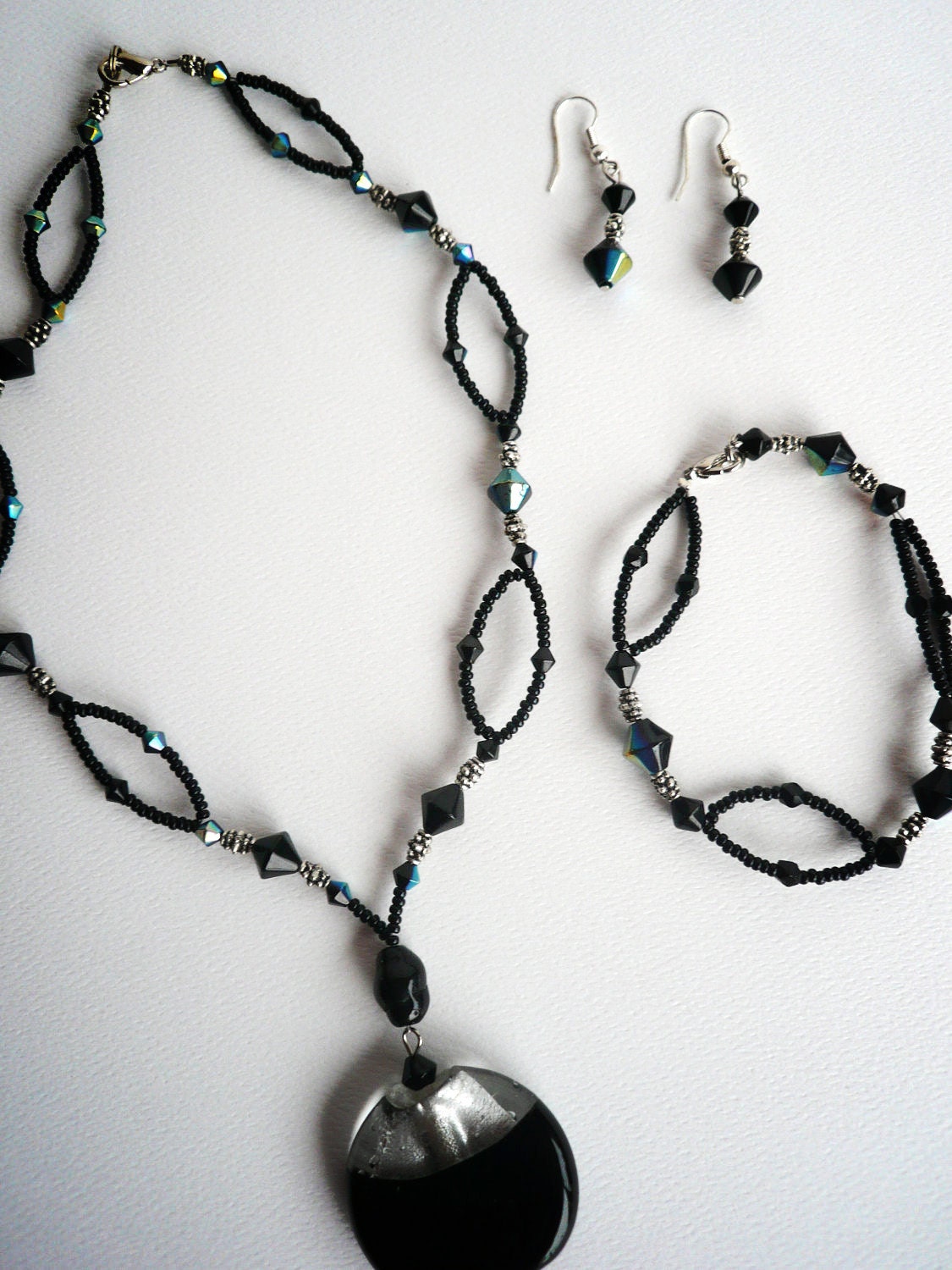Black Beaded 3 Piece Set - Pendant Style Choker Necklace,Bracelet, Earrings Set - Black and Silver Jewelry Ensemble