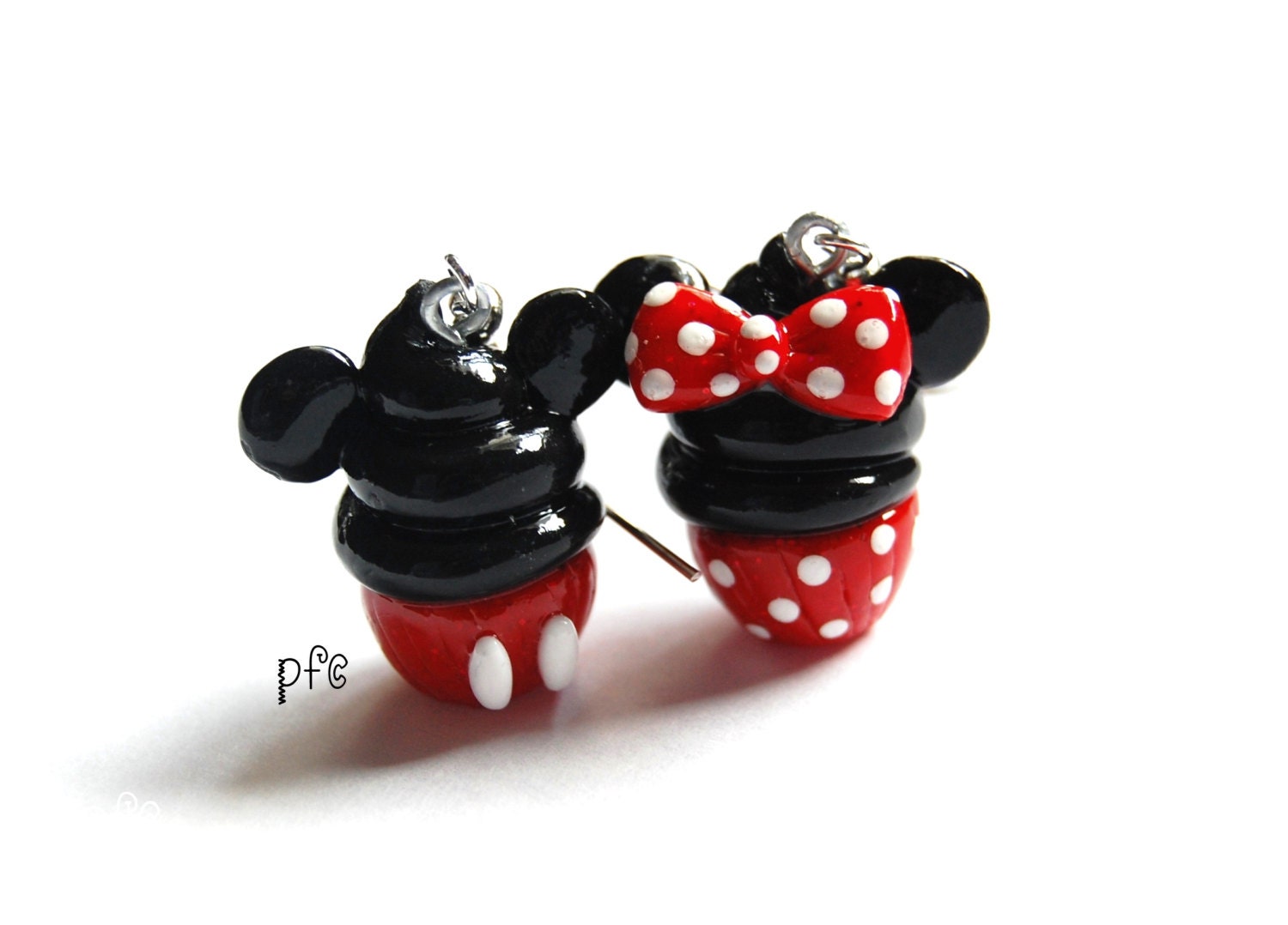 Minnie and Mickey Mouse Cupcake Earrings, Disney, Silver Plated, Polymer Clay