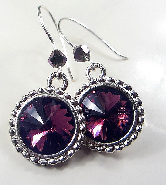 Swarovski Amethyst Purple Earrings Sterling Silver Swarovski  Pink Purple Crystal Earrings Plum Violet Amethyst Drop Earrings