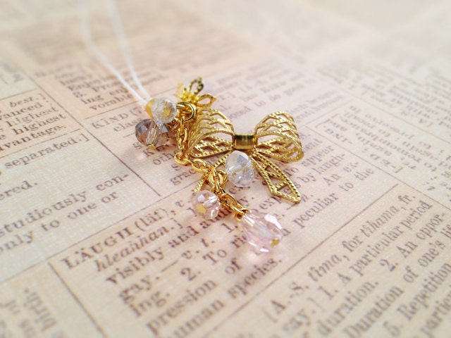 Kawaii Hime Gyaru Cell Phone Charm - Delicate Gold Bow - Gold Key Chain - Pink Glass Beads - Dangle Phone Strap - Zipper Pull - Dust Plug