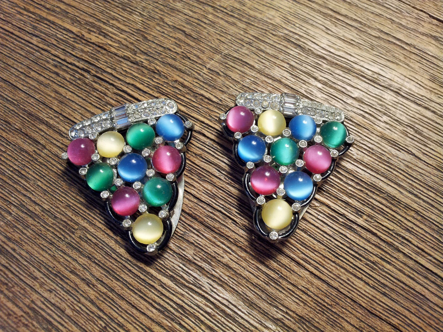 Vintage 1930s Pastel Moonglow Rhinestone Dress Clip Pair Lidz Bros.