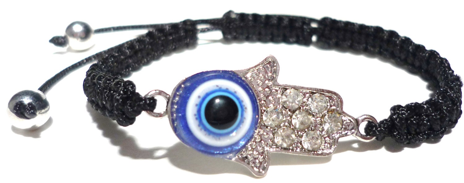 Hamsa Black  Bracelet -  Hand of Fatima Bracelet -  Handmade Macrame Bracelet - Silver Tone Hand of Fatima with Protective Eye Center