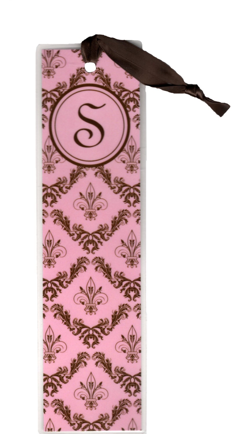 Bookmarks Buy 1 Get 2 Free Pink and Brown Damask Fleur de Lis Pattern with initial Handmade