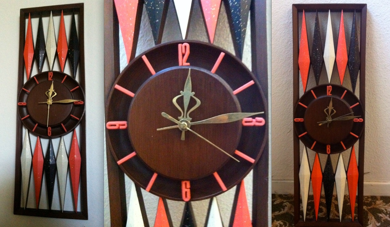 EAMES GEORGE NELSON style Mid Century Modern Mad Men Clock Googie Atomic Space Age Orange Cream Black Retro Stardust Diamond Motif rare