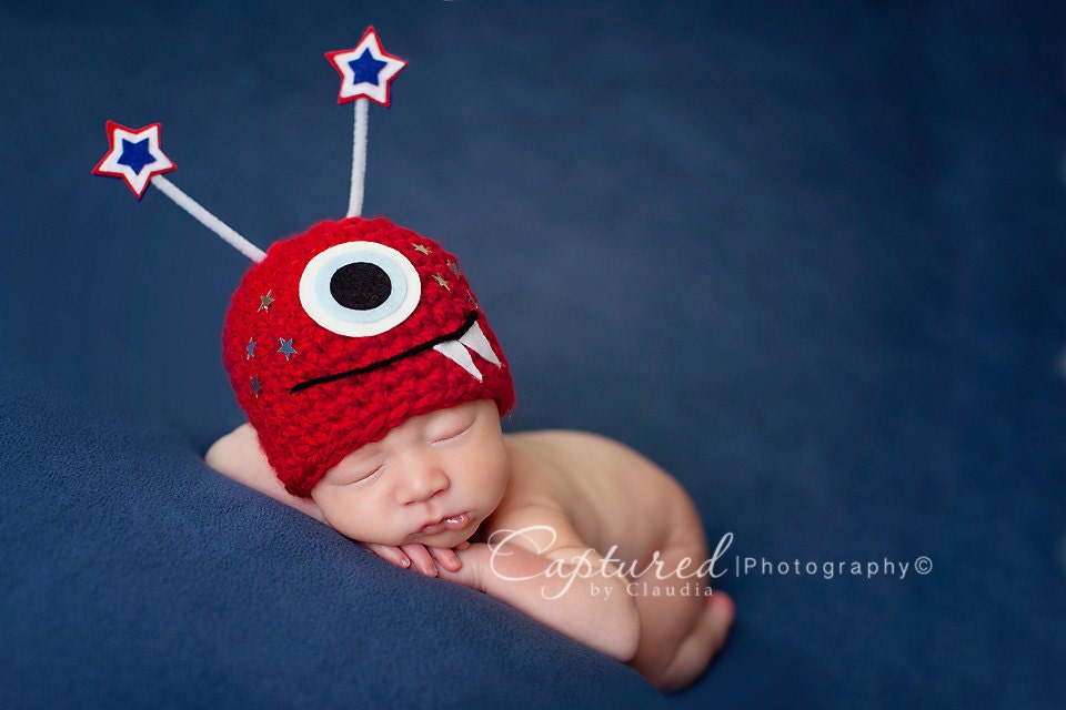 Baby Boy Hat 4th Of JULY MONSTER Newborn Baby Boy / Girl Crochet Hat Memorial Day 0-3 & 3- 6 months USA American Flag Patriotic