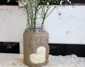 rustic burlap wedding mason jar centerpieces . woodland wedding centerpiece. heart glass jars