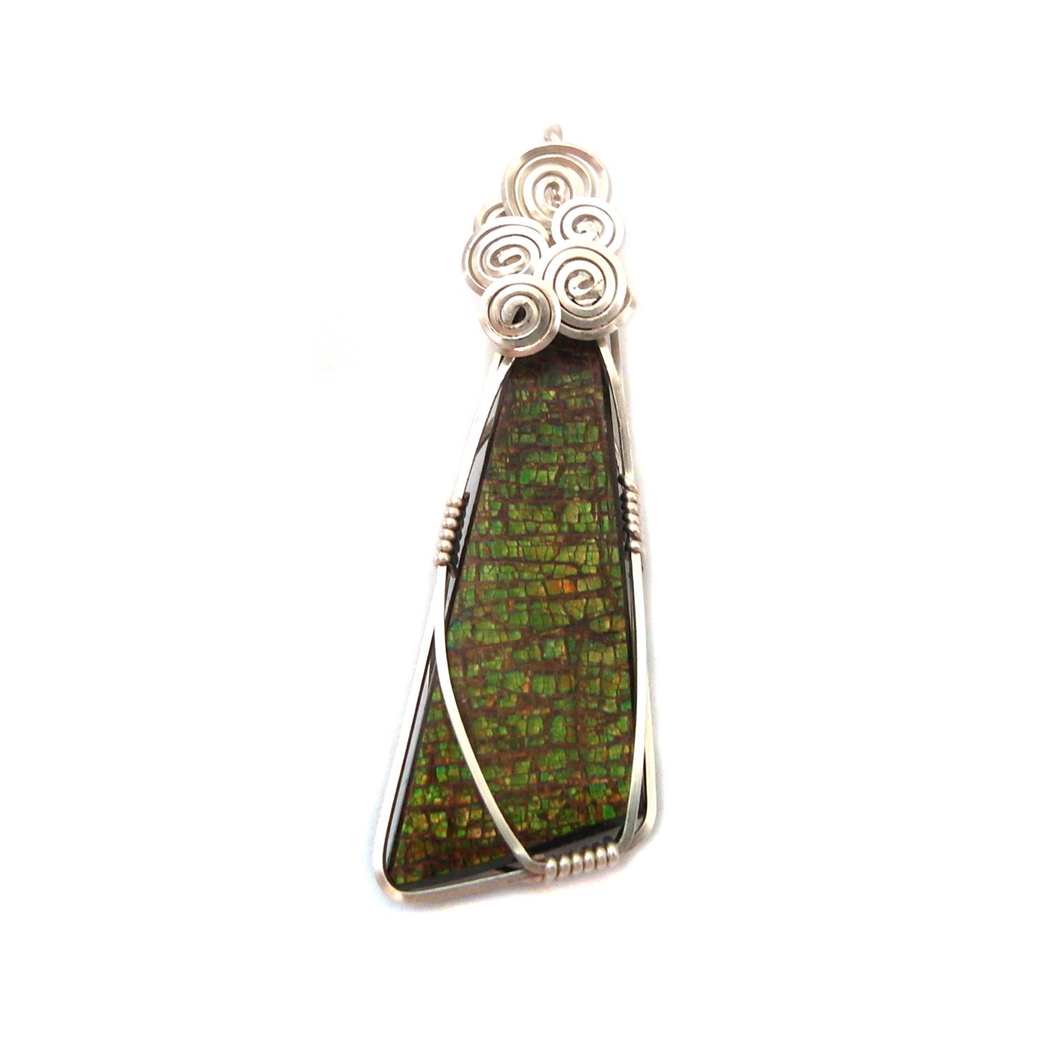 Ammolite Gemstone Pendant Wrapped With Argentium Sterling Silver Wire