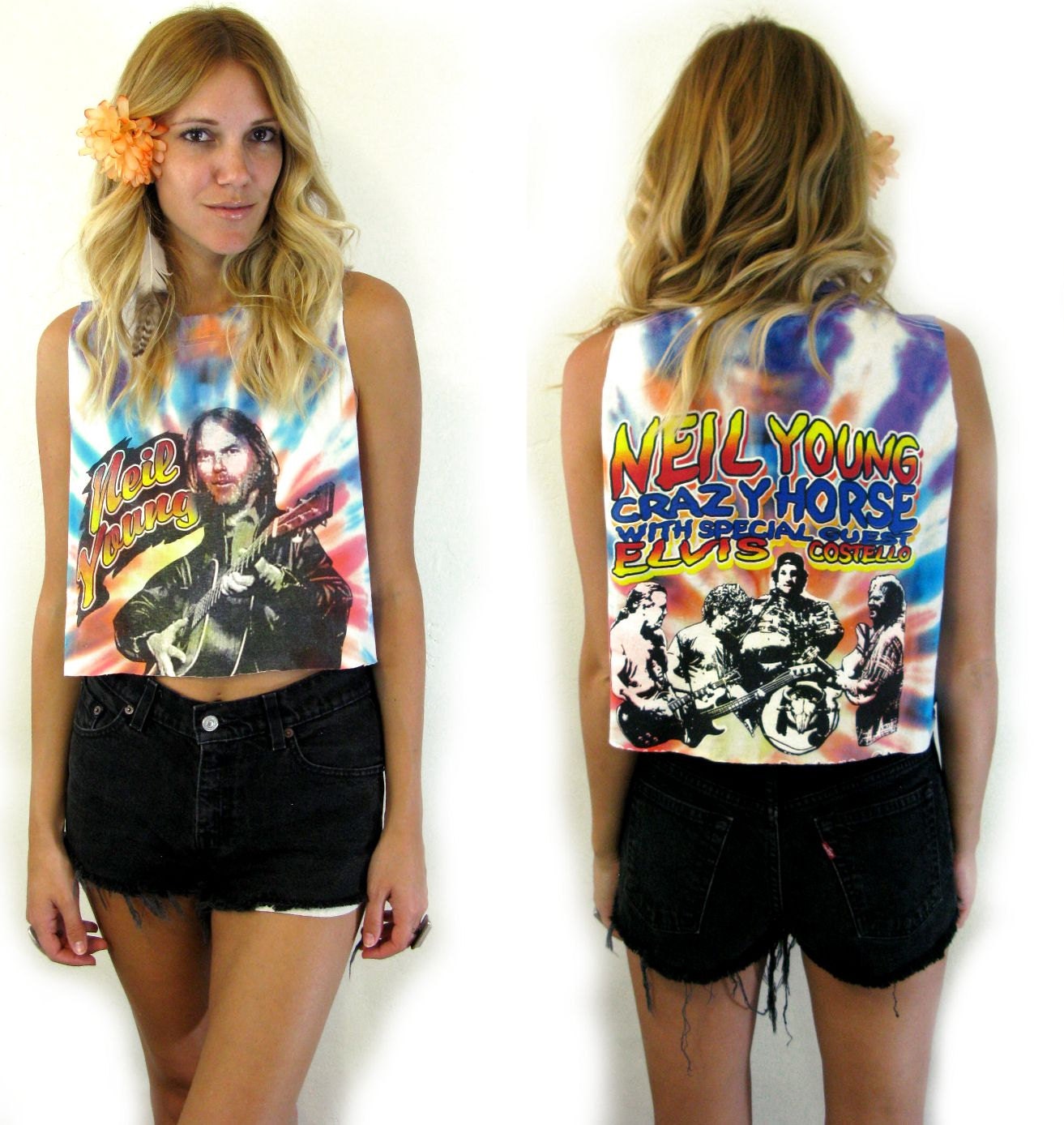 Cropped TIe Dye NEIL YOUNG Tour Muscle Tank Screenprint Oversize Shirt Womens ROCKER Tee