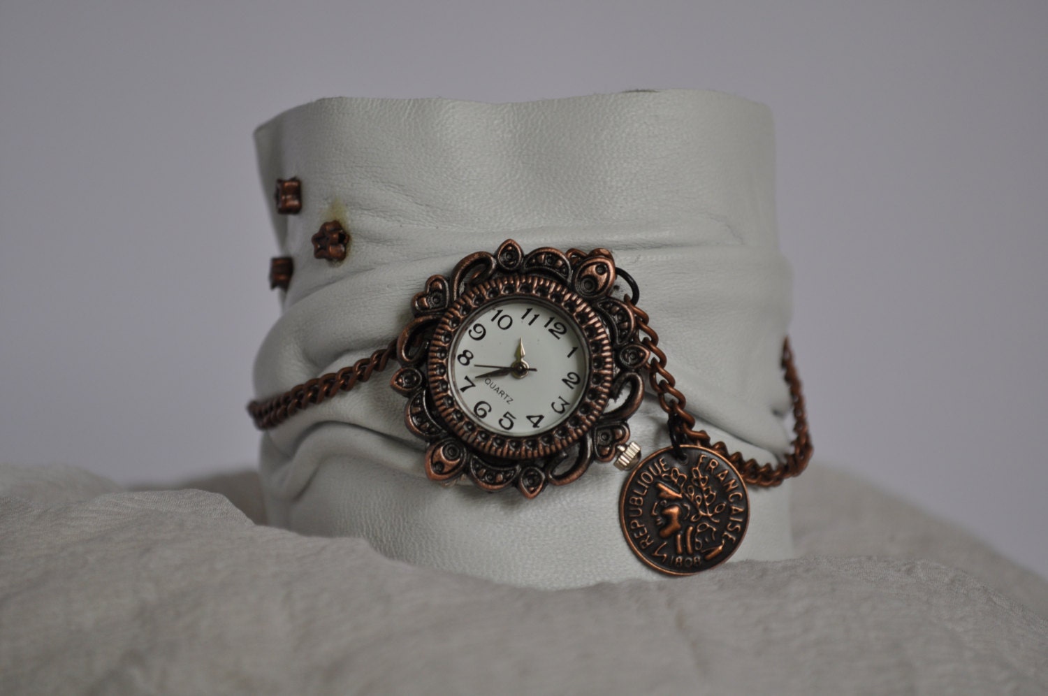 Leather Cuff / Women Handmade White Leather Wrist Bracelet With Chain and Metal Accessories and Watch / Clock by HocusPocusStudio