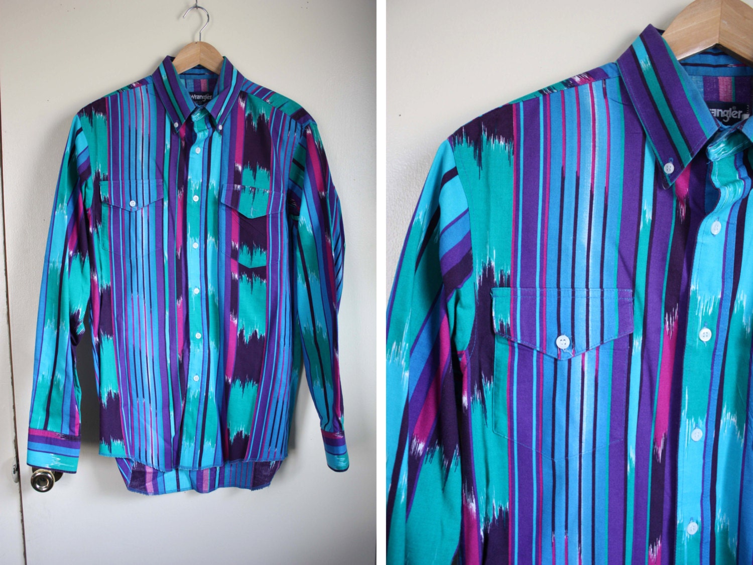 Vintage Wrangler Button Down// Western Blue Green Striped Shirt