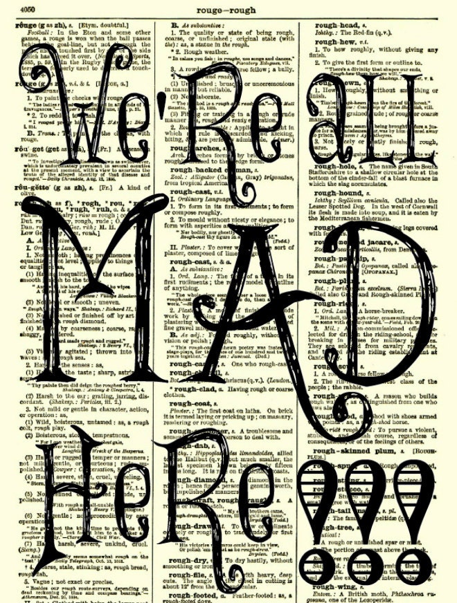 We're All Mad Here Alice in Wonderland Art Print 1897 Dictionary Page, Wall Decor, Book Art, Dictionary Art Print, Mixed Media Art