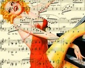 Music Art, Flapper Playing Piano Vintage Illustration on Chopin Music Sheet, Woman and Piano Mixed Media Art, Gatsby