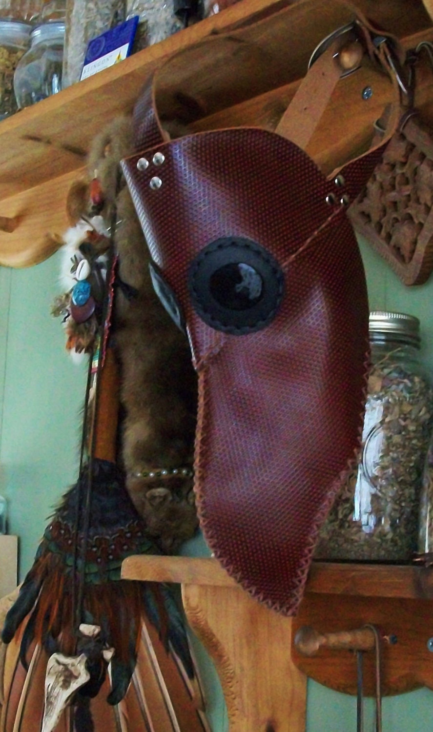 Plague Doctor Mask Steampunk Assassins Creed Full Beak Black Lenses Burgundy Italian Shoe Leather Textured
