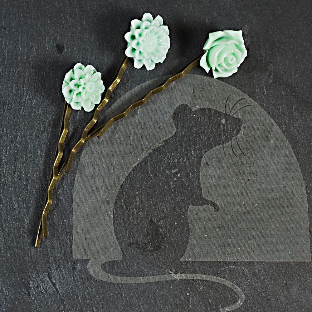 Set of Three Antique Brass Bobby Pins Mint Mum Flower Rose Sunflower Resin Cabochons Wedding Bridesmaids Birthday Gift Hair Accessory