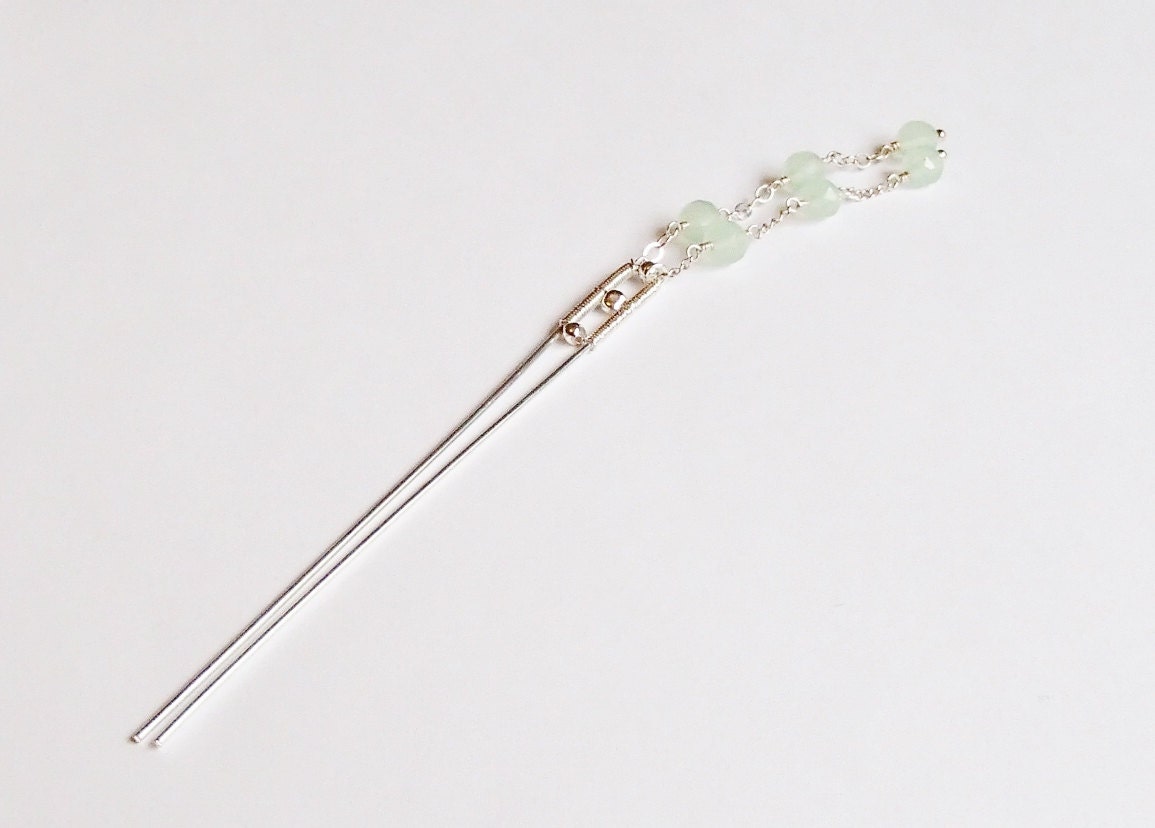 Sterling Silver Kanzashi with Green Chalcedony Oriental Hair Stick