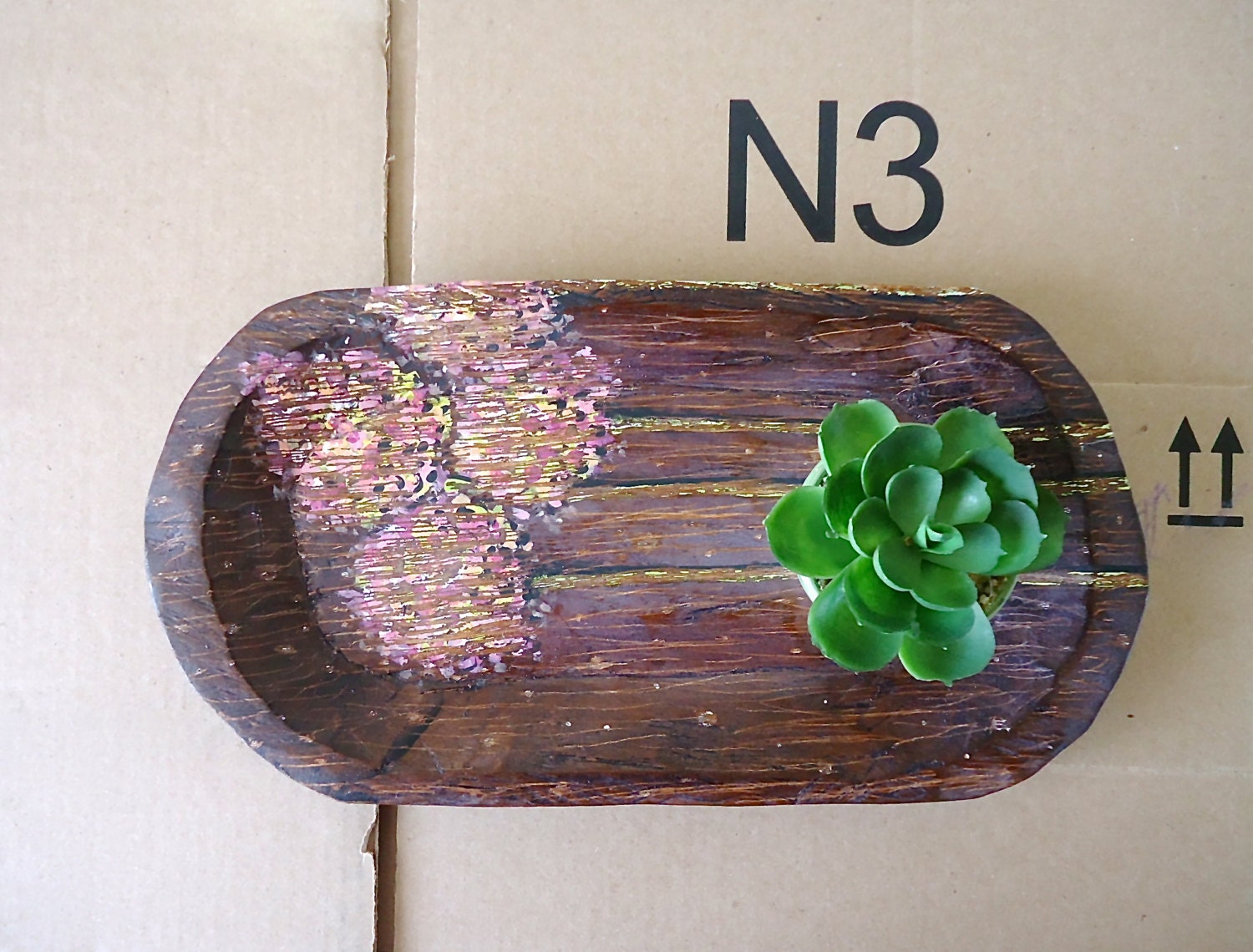 Hand Carved Wood Plate. Impressionist Flowers. Rustic Home. Unique Housewares.