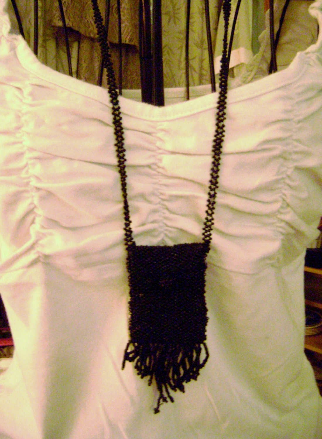 SALE 1970s vintage, Necklace purse, black beaded boho, gypsy, goth look long necklace purse
