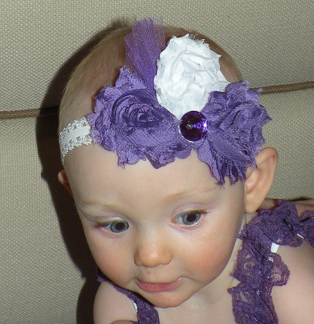 Handmade Flapper/ Vintage Style Baby Headband Purple/White frayed fabric rosette flower/tulle accent/purple rhinestone/lace white headband