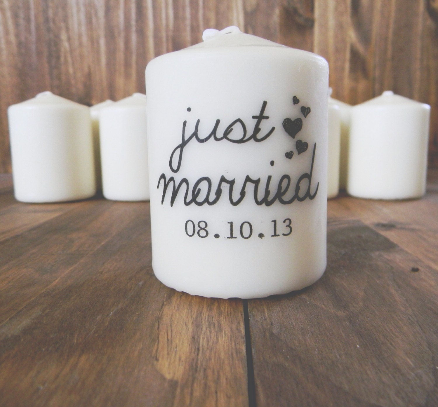 Just Married Personlaized Set of 50 3 Inch Pillar Candles, Wedding Favor, Engagement gift, gift for couple, Housewarming, newlywed