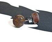 Round wooden stud post earrings kraft and brown glitter asymmetrical design handmade
