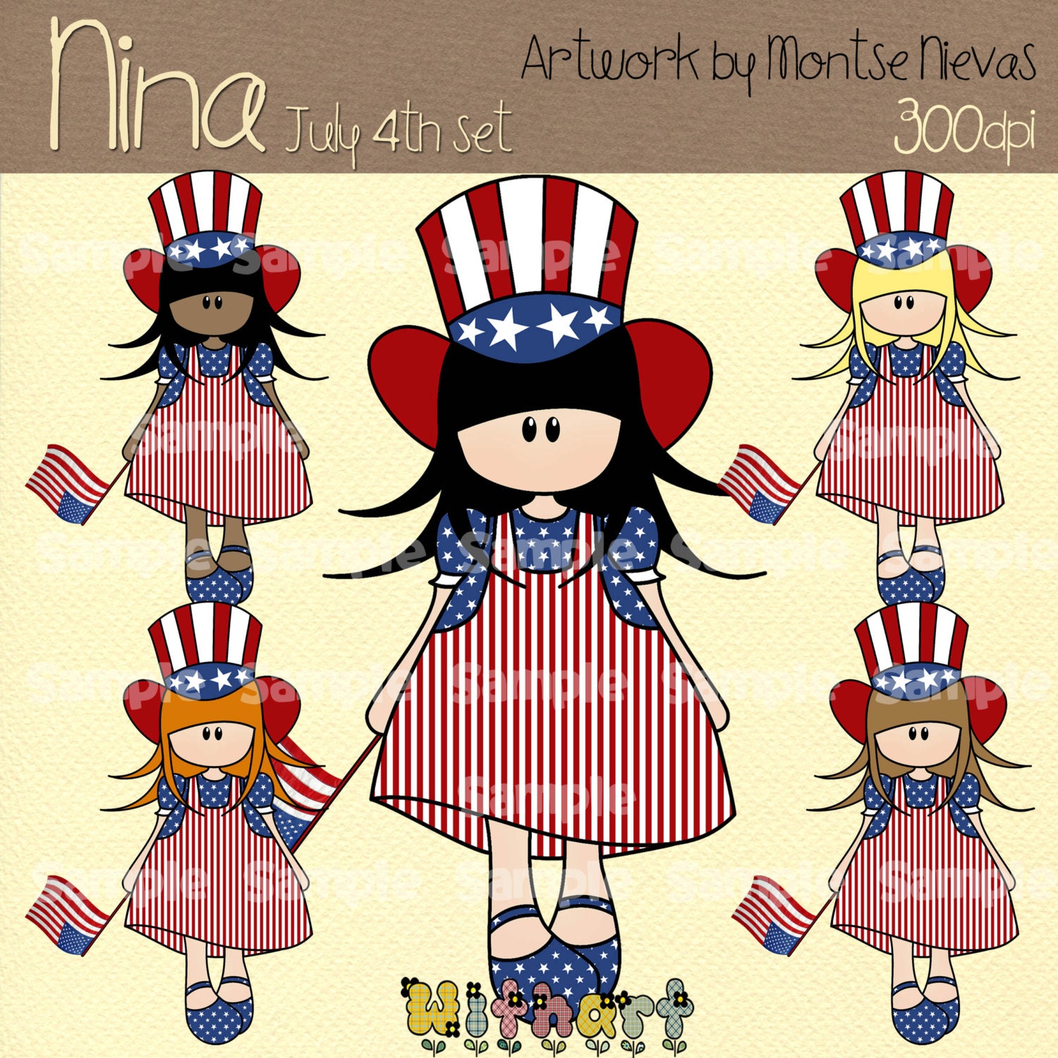 Independence day july 4th Nina dolls (0215) digital clip art set images for scrapbooking card making iron transfers jewelry printable crafts