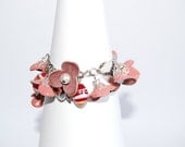 Coral leather flowers charm bracelet with with lampwork beads on silver metal chain. Summer finds. Mothers day.
