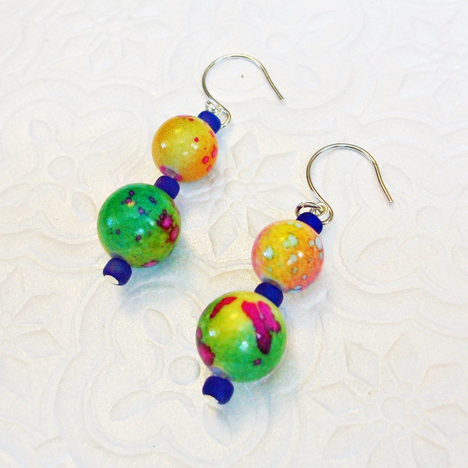 Light Paint Splatter Candy Dangle Earrings with Modern Silver Earring Hooks