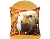 Photo pillow Cushion baby spring Lamb in a hay barn farm pillow cover nature lover  gift 18 x 18 pink cream grey brown