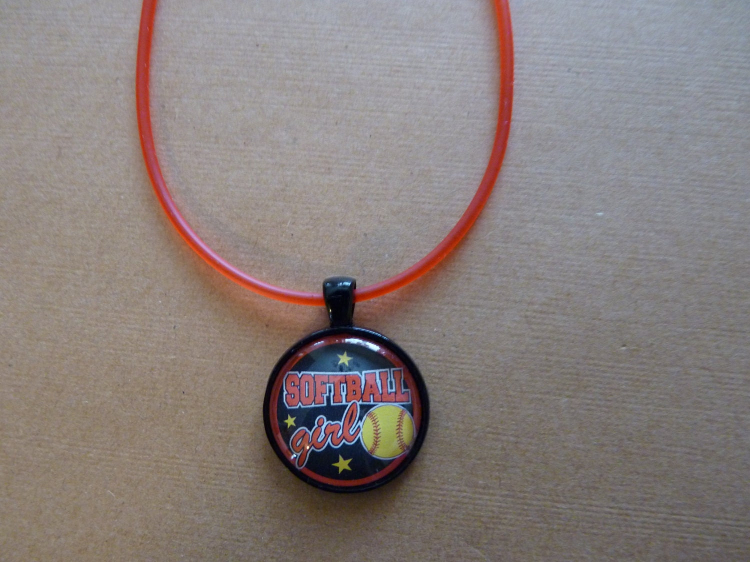 Softball Girl, Glass and Black  Pendant Tray with Rubber Necklace