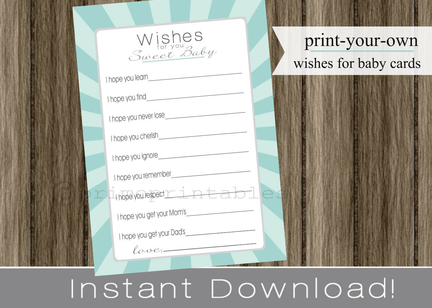 Baby Shower Wishes for Baby boy gray and aqua blue INSTANT DOWNLOAD diy digital printable file print your own Il_570xn