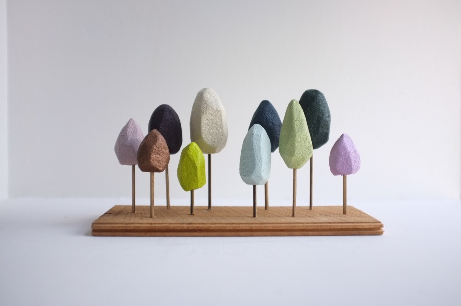 Paint Swatch forest miniature sculpted trees in pastels and jewel tones