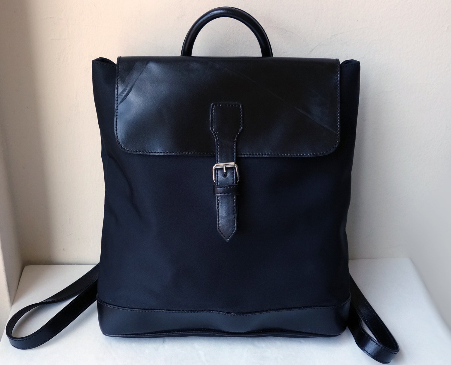 Vintage Large Black Microfiber & Leather Trim Backpack Knapsack, with Buckled Flap Closure, Shoulder Pack, Bicycle Rucksack Purse
