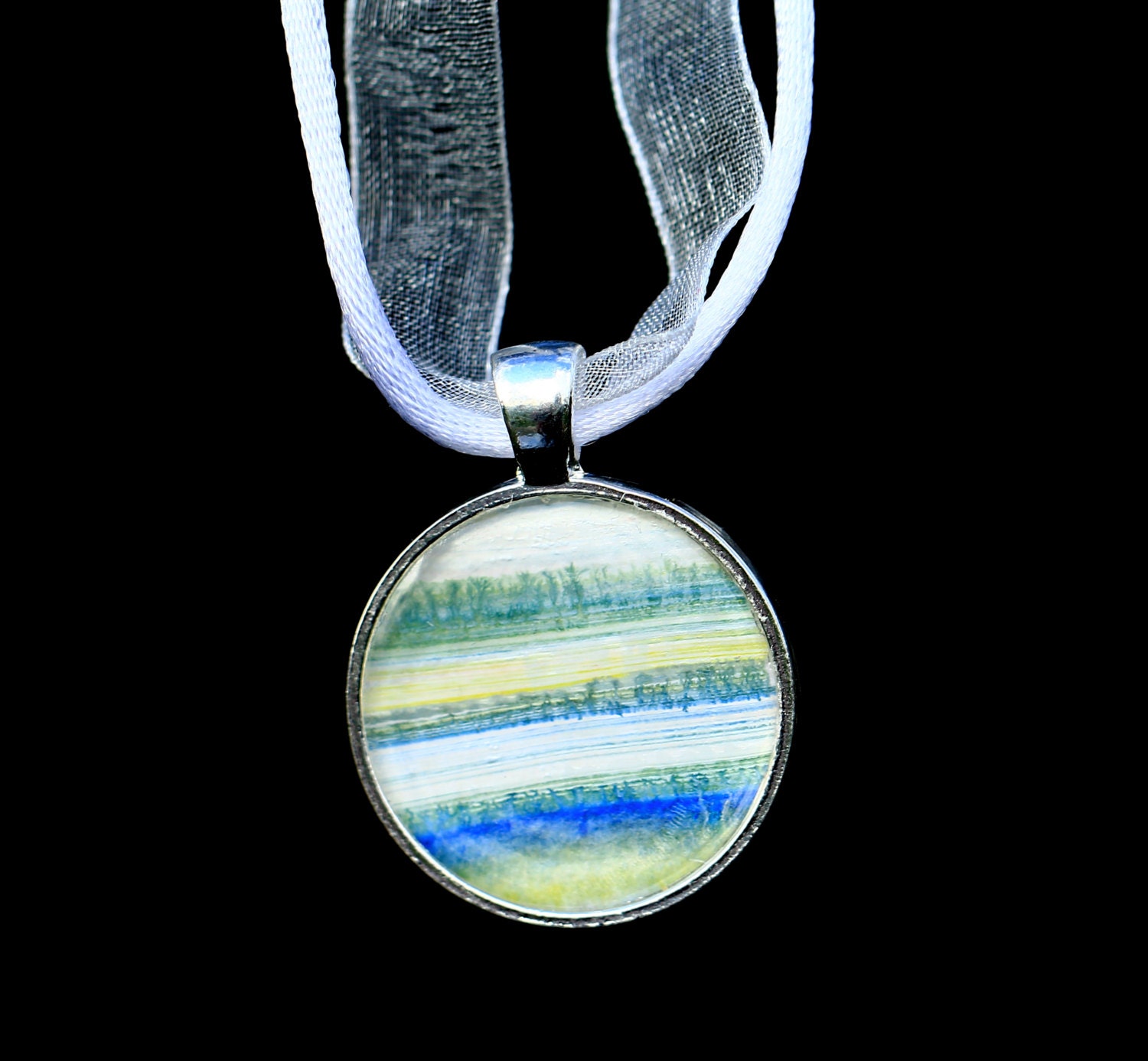Hand Painted Seascape Landscape Pendant Necklace, Unique & One of a Kind, Abstract, Colourful