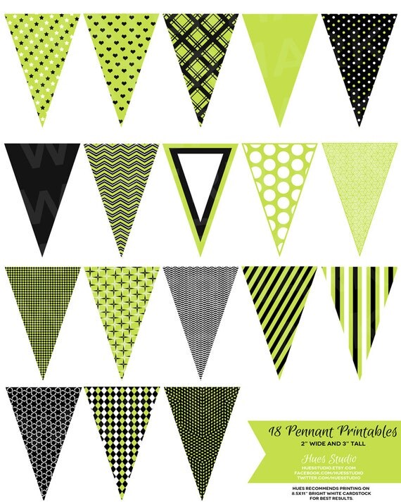 18 Lime Green Black and White Pennant Banners : Decor / Cake Toppers / Instant Download - Hues Studio Il_570xn