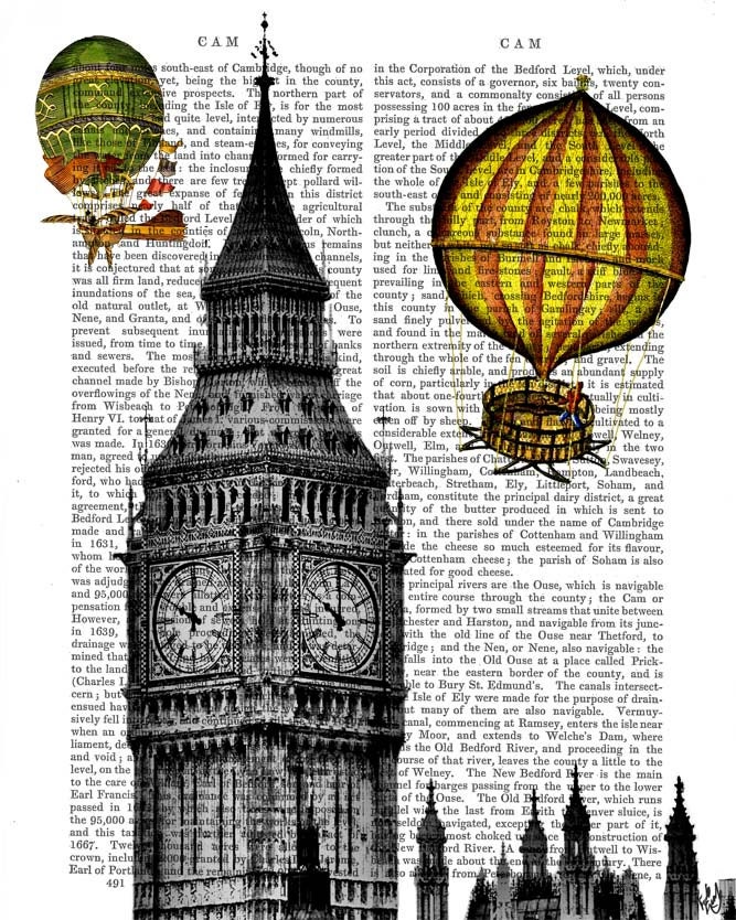 Vintage Hot Air Balloon Print Over London, Digital Art Print Illustration Mixed Media Original Print wall art wall decor wall hanging