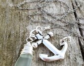 Antiqued Silver Nautical Anchor and Wire Wrapped Beach Glass Necklace