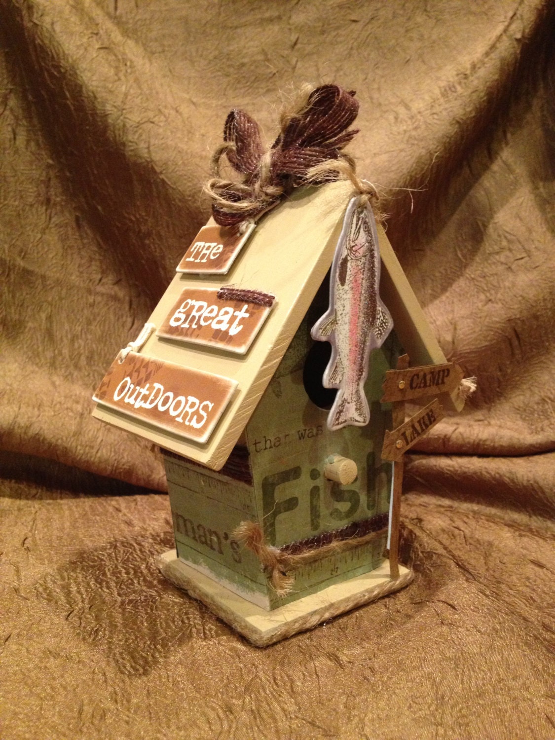 Rustic Handmade Wooden Birdhouse Ornament Decoration - Gift for HIM 4 Father's Day, Birthday - Fish, Hunt, Camp, Great Outdoors (BH204)
