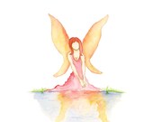 Fairy Watercolor Painting Archival Giclee Print 8.5 x 11 Fae Faerie Painting Faery Pond Painting Peach Orange Pink Red Fantasy Art Original