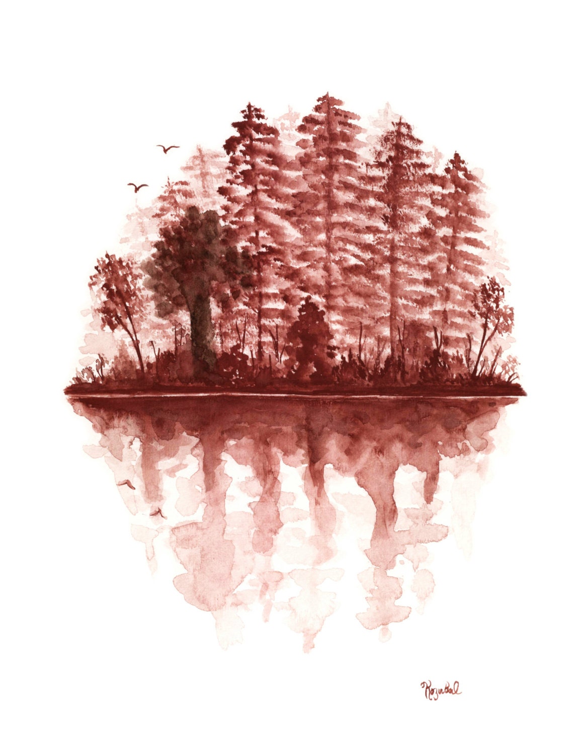 Lake Forest Print Giclee Fine Art Original Watercolor Painting Red Landscape Birds Nature Water Abstract Modern Art Trees 8 1/2 x 11